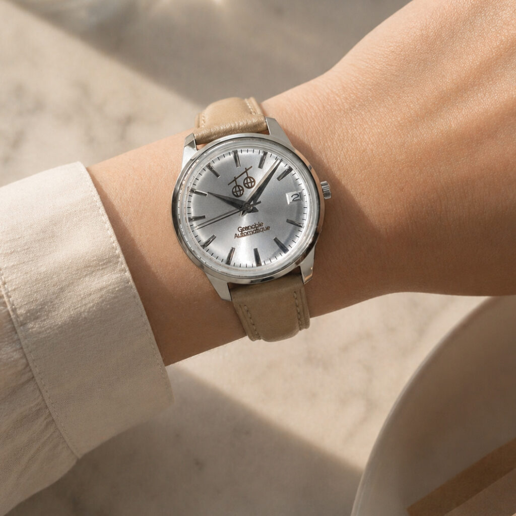 Montre MG24 portée sur un poignet féminin, dans un lieu ensoleillé