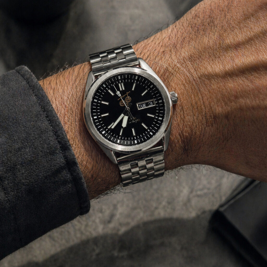 Montre FG24 portée sur un poignet masculin, en intérieur