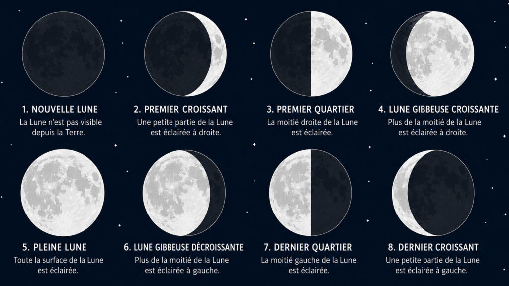 Différentes phases de la Lune, de la nouvelle Lune au dernier croissant.